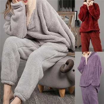 2pcs/set Outono Mulheres Pijama Casaco + Calça de Cor Sólida Grosso de Pelúcia Senhora de Serviço Inicial Decote em V Mulheres do Pijama