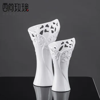 Branco esculpido vaso de cerâmica sala de estar moderna arranjo de flores decorações de mesa de jantar criativo arranjo de flor ornamentos