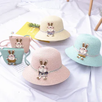 Garota verão respirável chapéu de palha +bolsa conjuntos de Criança do bebê do sol chapéu Panamá cap Gorros chapéu de Crianças dos desenhos animados o Protetor solar sacos de ombro