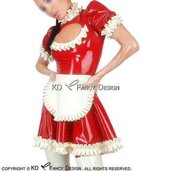 Vermelho E Branco Sexy de Empregada francesa de Látex Vestido Com Avental de Gola Alta com Zíper de Volta Borracha Uniforme Playsuit Bodycon LYQ-0125