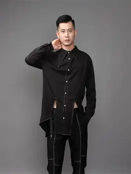 Homens do personagem de camisa de manga longa primavera nova abertura de bainha de design de moda de carro preto de costura tendência camisa de manga longa
