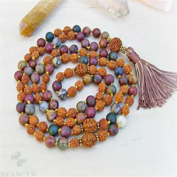 8mm Lepidolite Rudraksha Mala colar 108 Beadsband Borla punho Punho natural Budismo espiritualidade pedra preciosa Abençoe Chakras