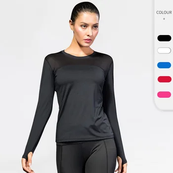 Mulheres Apertado Pro Fitness Execução Yoga Desporto T-shirt de Absorção do Suor e Secagem Rápida de Malha de Costura Trecho de Manga Longa 2029
