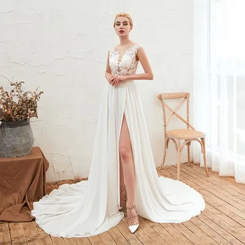 Nova Chegada: 100% Fotos Reais Boho Vestidos De Noiva Transparência Corpete Manto De Maria De Chiffon Vestido De Noiva Para O Casamento Do Verão