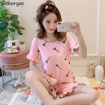 Mulheres de Pijama Conjuntos de Verão, O decote Kawaii Impresso Casual Calças Curtas Borboleta Manga da roupa de Dormir coreano Respirável Elegant Sleepwear