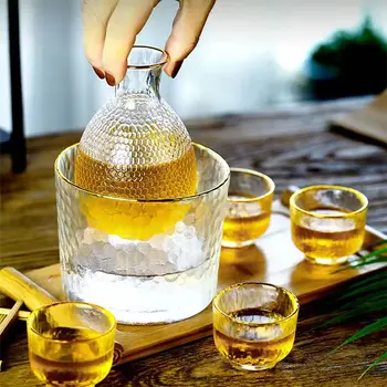 Japonês de vidro estilo hip flask copo de vinho definir padrão de martelo dourado rim Causa jarro de vinho de gelo embarcação conjunto padrão de martelo de vinho branco abl