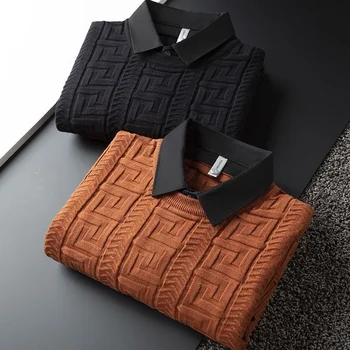 listra de Luxo jacquard high-end falso design de duas peças de camisa gola da camisola dos homens de outono e de inverno de espessura de moda quente pulôver