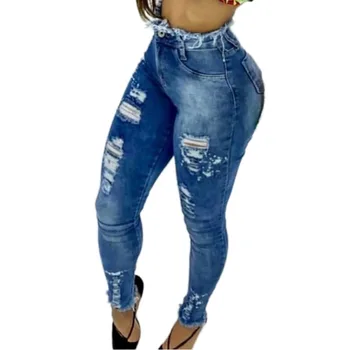 Mulheres Ripped Jeans Skinny Fashion Borla Buraco Slim Jeans De Senhoras De Calças De Causalidade Mãe Vintage Angustiado Feminino Lápis, Calças 8008