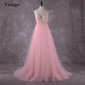 Verngo 100% Real Imagem de Vestidos de Baile cor-de-Rosa de Tule Flores em 3D blusa de Alças e Costas Abertas Longa Noite Vestidos de Noiva Vestido de Festa Formal
