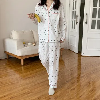 bolinhas de pijama conjunto de mulheres de casa terno casual japão estilo branca de manga longa pijamas primavera, outono homewear roupas calças