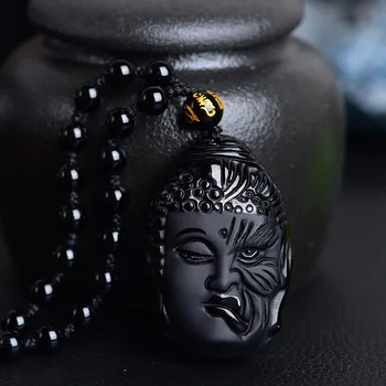 Natural de Obsidiana Buda diabo Jóias Pingente da Sorte Exorcizar os maus espíritos Auspicioso Amuleto Colar de Pingente de Jade Jóias Finas