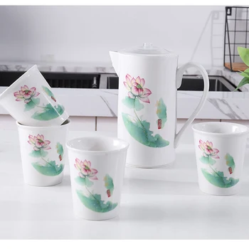 Chinês Xícara De Chá De Conjuntos De Cerâmica Cooler Lotus Copos Caixa De Presente Conjunto De Frio Chaleira De Água Copa Do Conjunto Chinesa Azul E A Branca Da Porcelana Cor-De-Rosa Rosa