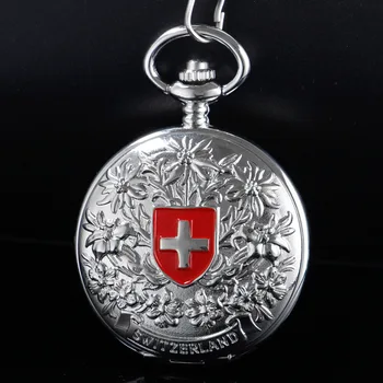 A Cruz de prata Escudo Partido Emblema Mecânica Relógio masculino Dupla face de Marcação Romana Relógio Handwind Relógio de Bolso com corrente de relógio da Cadeia de Presente