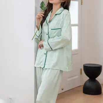 Lapela Pijamas De Impressão Arco Pijama Conjuntos De Mulheres Com Roupas De Cetim Manga Longa Home Roupas Camisa Casual&Calças De Terno Sala De Vestir