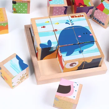 Madeira de Seis lados 9pcs Pintura para Crianças 3D de Animais Marinhos Tráfego de Blocos de Construção de Educação de Quebra-cabeça de Brinquedos Brinquedos do Bebê