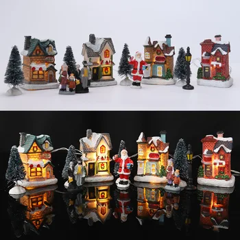 Vila natal Casas Figuras de Terno DIODO emissor de Luz de Natal, Figuras de Edifícios em Miniatura em Resina de Natal Decoração de Casa, Decoração Presentes