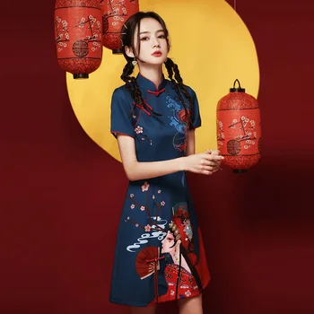 2022 Mulheres Azul Marinho Cheongsam Jovem Floral Vintage Vestido De Estilo Chinês Curto Vestidos De Verão Feminino Qipao
