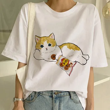 Verão Novo Gato Bonito Engraçado dos desenhos animados T-shirt Harajuku Gráfico Ulzzang Tshirt 90 Imprimir T-Shirt da Moda Estética de Senhoras T-shirt