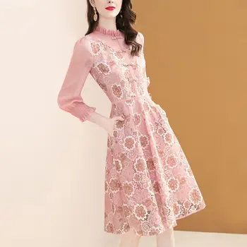 Vintage cor-de-Rosa Elegante Vestido de Renda das Mulheres Primavera 2022 Nova Floral Senhoras Uma linha de Vestidos Doce Lanterna Manga Vestidos Outono Manto