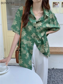 Praia Retrô Camisas estampadas Mulheres de Design Vintage de Férias de Todos-jogo Verão Moda de Nova Ulzzang Elegante Harajuku Camisas Mujer Adolescentes