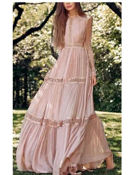 Doce cor-de-Rosa Elegantes Vestidos Longos Para as Mulheres 2023 Bohemia Mulheres de Verão Lace Vestido de Uma Linha Manto