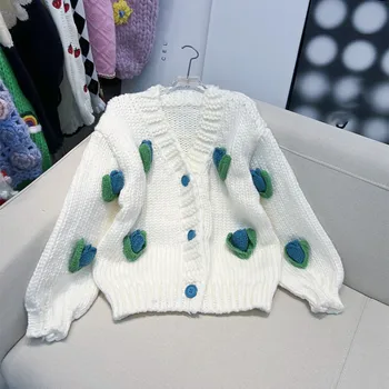 2022 Outono Inverno Novo Grosso Suéter de Tricô Maiô de Crochê com decote em V Cardigan da Mulher Solta Retro Flor Engrossado Quente Blusas
