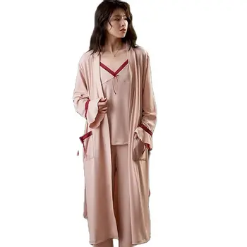 10868c-21Spring Outono pijama de Três peças Pijama Mulheres Funda Camisola Terno de Solteira Sexy Homewear Legal Fina roupa de dormir