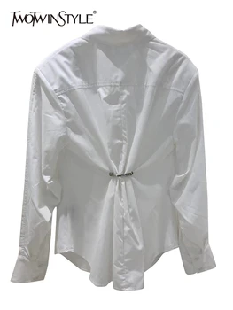 TWOTWINSTYLE Branco Camisa Casual Para as Mulheres Lapela de Manga Longa, Sólida e Minimalista Botão Através da Blusa da Moda Feminina Estilo de Roupas