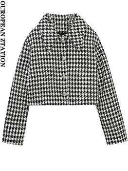 PAILETE Mulheres 2022 moda tweed houndstooth cropped blazer casaco vintage de manga longa, botão-up feminino vestuário mujer