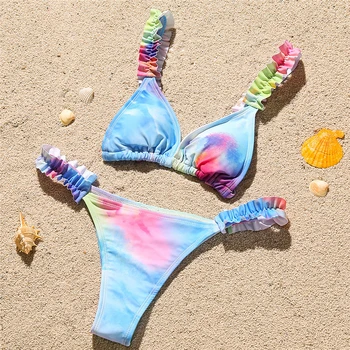 maillot de bain swimwear das mulheres 2021 Verão de Novo tie dye sexy curativo laço plissado roupa de banho, roupa de praia biquini