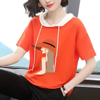 De algodão com Capuz O Pescoço T-Shirt Mulher 2022 Solta Estilo coreano Mulheres Camisas de Verão, Camisa de Manga Curta Mulher T-shirt E23