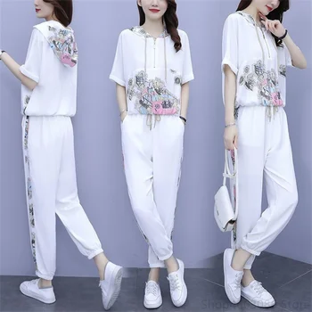 Moda Treino Mulher de Verão Nova Tendência de T-shirt 9 Pontos de Calças de Duas peças de Conjunto coreano Solto e Casual 2 peças de Conjunto de Mulheres