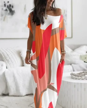 Vestidos Para Mulheres 2022 Verão Casual Home De Grandes Dimensões De Um Ombro Colorblock Diário Direto Maxi Dress