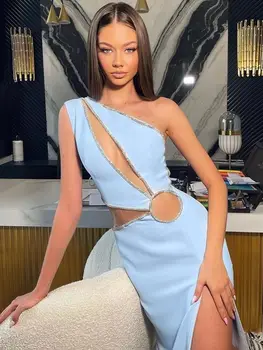 2022 Nova Verão de Mulheres Sexy Ocos de Um Ombro Diamante Vestido de Bandagem de Moda Fenda Designer Celebridade Pista de Vestidos de Festa