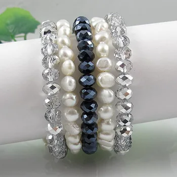 Exclusivo Pérolas Loja de jóias 5rows Cinza Cristal Azul Branco Pérola de água Doce Pulseira de Casamento Perfeito de Aniversário Mulheres de Presente