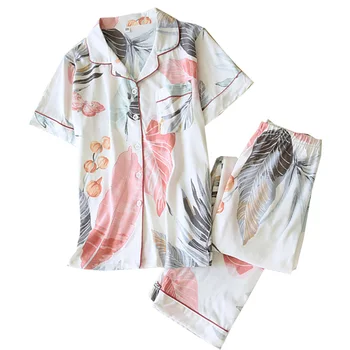 Verão de Mulheres Novos Malha de Algodão Pijama Conjunto de Florais E Folhas Impressas Vire para Baixo de Gola 2Pcs Conjunto de Senhoras do Agregado familiar Senhora Sleepwear