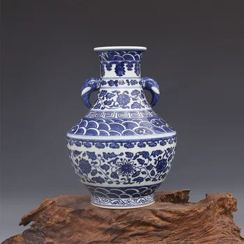 Dinastia Qing Qianlong, Azul E Branco, A Água Do Mar, Preso Padrão De Orelha De Elefante Vaso Antigo De Porcelana Antigo Coleção De Objetos