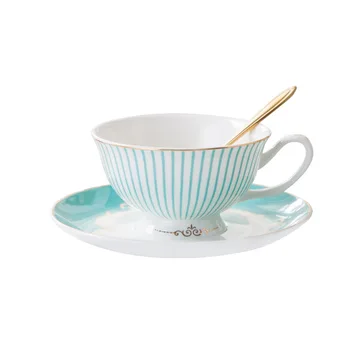 Azul listrado inglês bone china caneca de café com a colher, prato, Europeu xícara de café e pires conjunto,Avançado Caneca de Porcelana Para chá