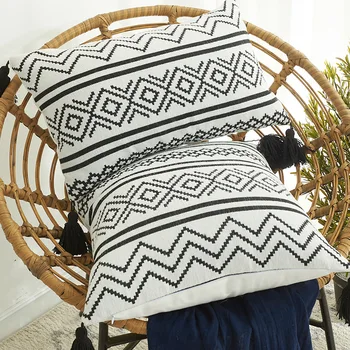 Nodic Marrocos Boho Capa de Almofada Travesseiro Capa com Borla para o Sofá da Sala de estar Geométrico Preto Branco Capa de Almofada 45x45cm