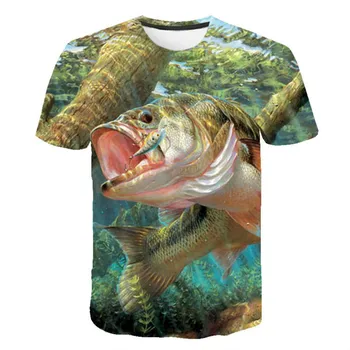 Verão, masculina Casual T-shirt 3D Padrão de Peixe T-shirt em torno do Pescoço T-shirt de Verão de manga Curta T-shirt