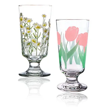 Transparente Tulip Impressão Copo de Vidro Criativo Pouco Daisy Cerveja, Suco, Água de Caneca Copos Copo de Flor de Presente Para as Meninas 320ML de Vidro