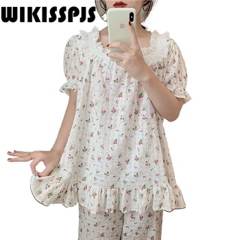 WIKISSPJS Verão Nova de Manga Curta, Calças de Terno Pijamas de Algodão de Gola de Laço Kawaii Pijama Mulheres Loungewear