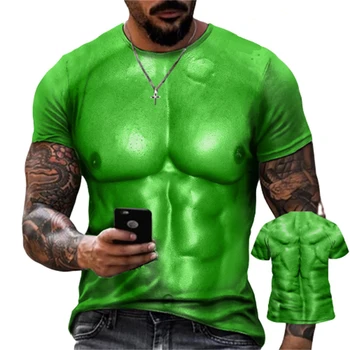 Moda de Rua T-shirt T-shirt dos Homens T-Shirt de Mama Muscular o Corpo da Tatuagem da Pele Músculos Falsos 3D Impresso T-shirt dos Homens