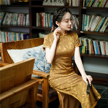 Mulheres Cetim Sólido Cheongsam Clássico Chinês Mandarim Gola do Vestido Vintage Longo Qipao Oriental Vestidos Tamanho Plus 3xl-4xl