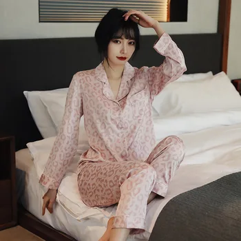 Leopard Pijama Terno Senhora de Verão 2PCS PJS Com os Conjuntos de Botões Manga Longa de Dormir Lapela Casa, Roupas Casuais Impresso Sleepwear