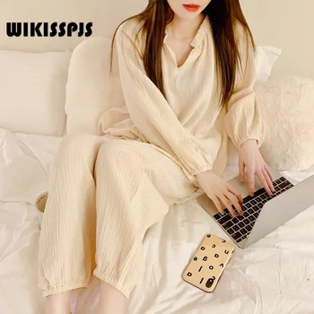 WIKISSPJS 2021 Outono Nova-coreano Gaze de Algodão Simples, de Manga Longa Home Roupas Loungewear Pijamas para Mulheres Pijamas Pjs