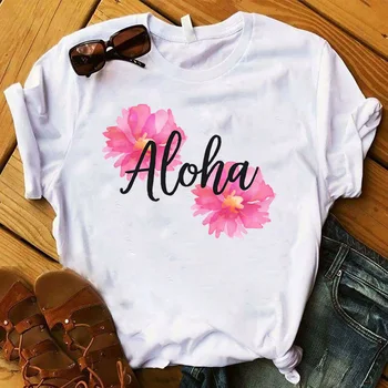 As mulheres da Senhora T-Shirt Aloha Flor de estampa Floral e Camiseta Senhoras de Manga Curta T-Shirt das Mulheres do sexo Feminino Tops Roupas Gráfico T-shirt