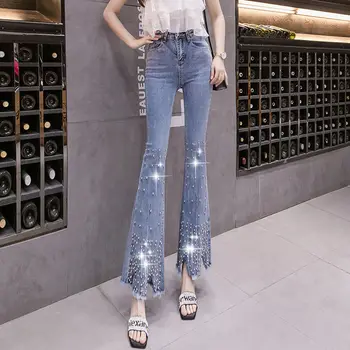 Mulheres 2021 Moda Da Primavera Verão Cintura Alta Casual Jeans Feminina Slim Queimado Calças De Senhoras Bordado Chamas De Jeans, Calças P100