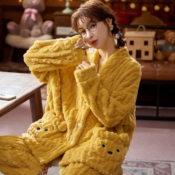 Inverno Grossa Quente Pijama de Flanela Conjuntos Para as Mulheres Pijamas em Casa Roupas de Pijama em Casa, Vestir Pijamas Conjunto bonito Anime kawaii