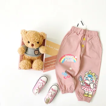Tonytaobaby dos desenhos animados do arco-íris cor-de-ROSA Urso de Impressão Twill Casual Calças de desenhos animados para Meninas de Calças